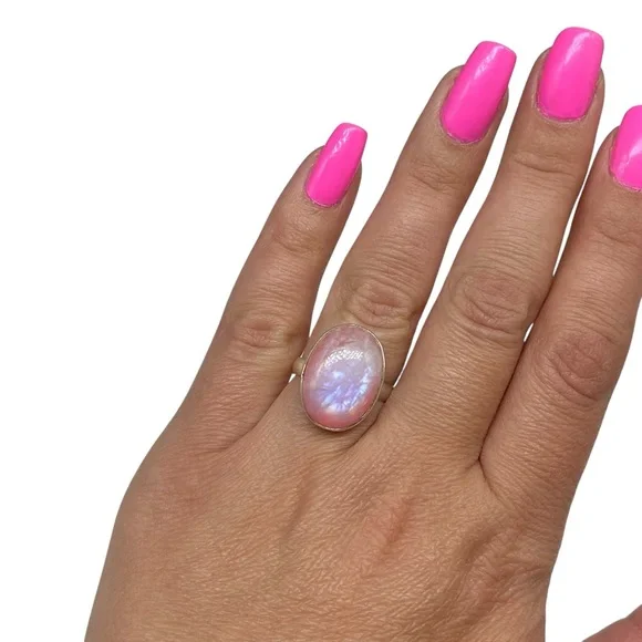 Pink Flash Rainbow Moonstone Ring Size 7 Solid 925 Sterling Silver